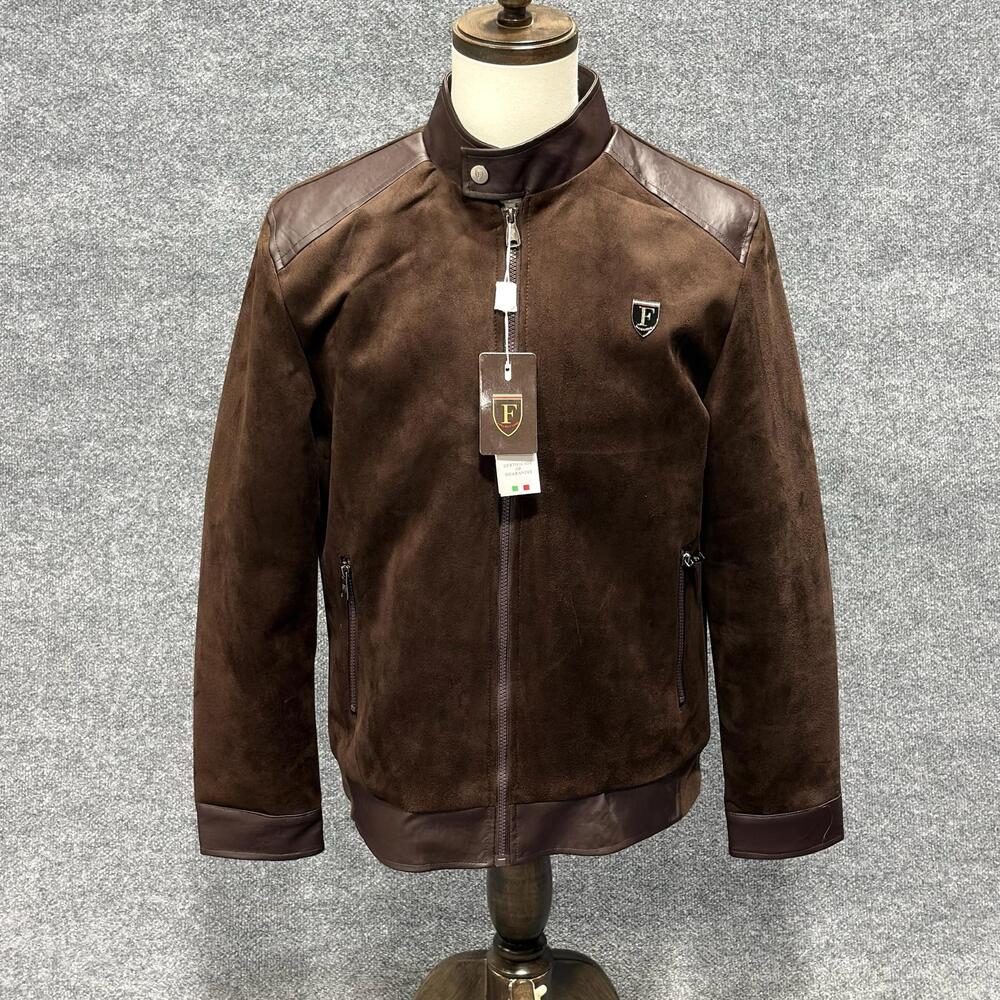 F Collections Jacket Mens Medium Brown Suede Biker Full Zip Collar Lined M21004S
